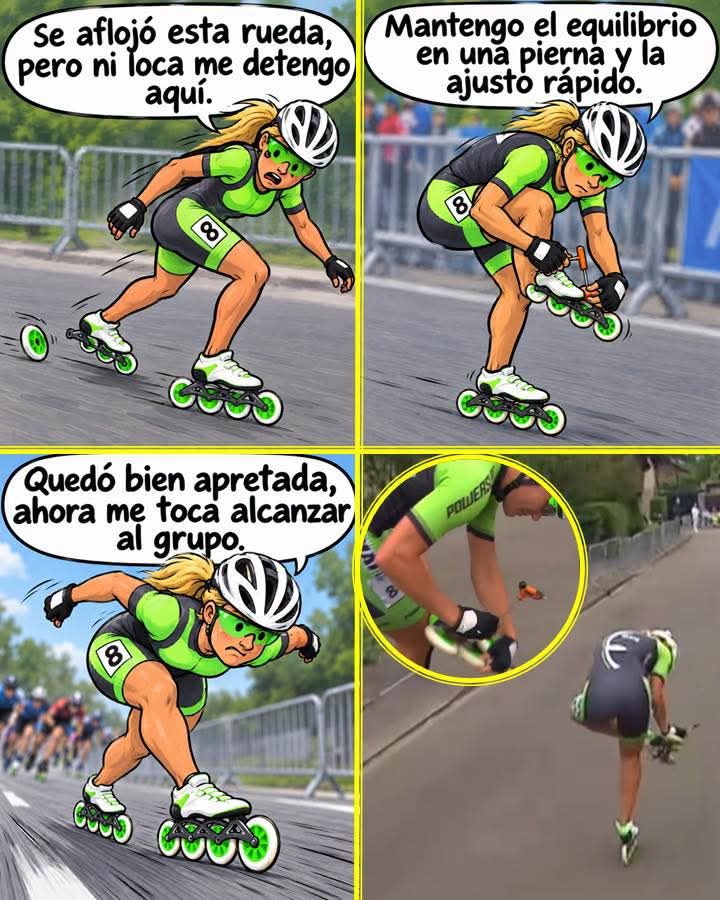 Patinadora ajustó una rueda suelta sin dejar de competir