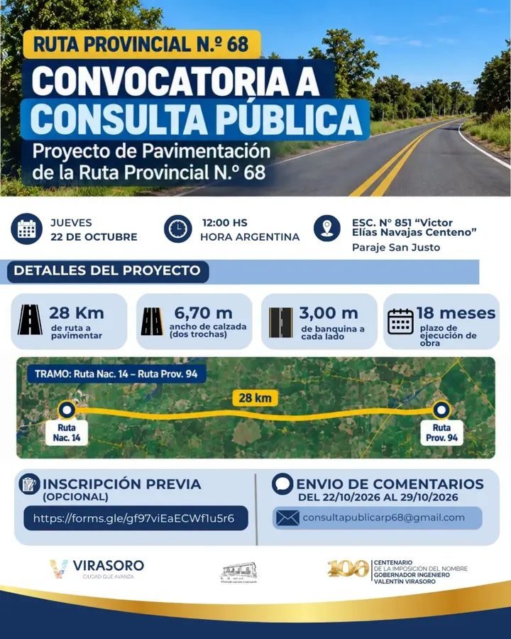 Convocan a vecinos de San Justo por la pavimentación de la Ruta 68