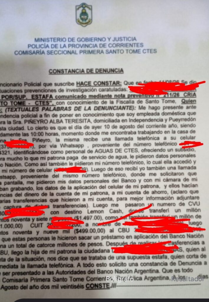 Estafaron a una jubilada de Santo Tomé por 14 millones de pesos