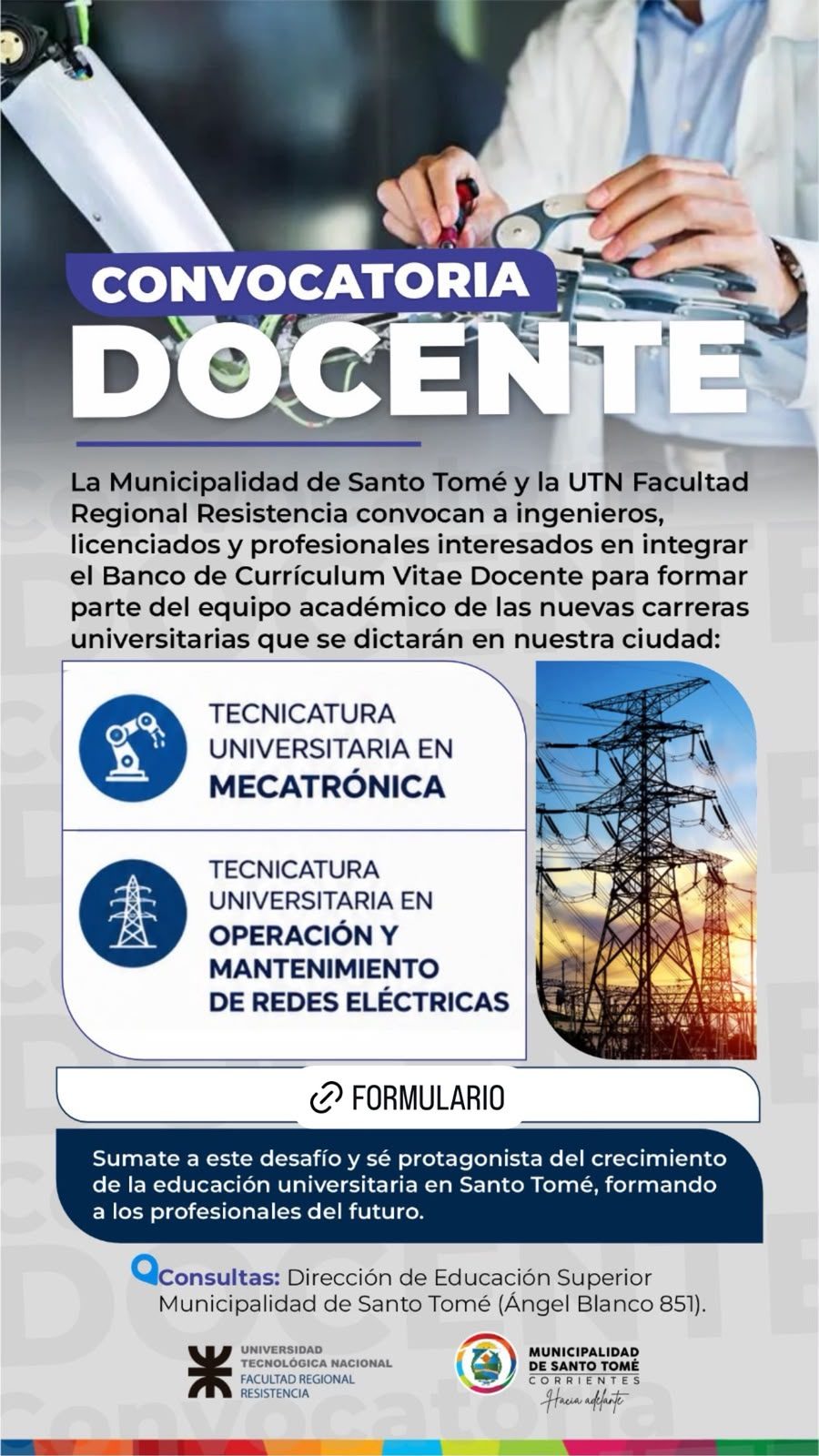 Buscan docentes para tecnicaturas universitarias en Santo Tomé
