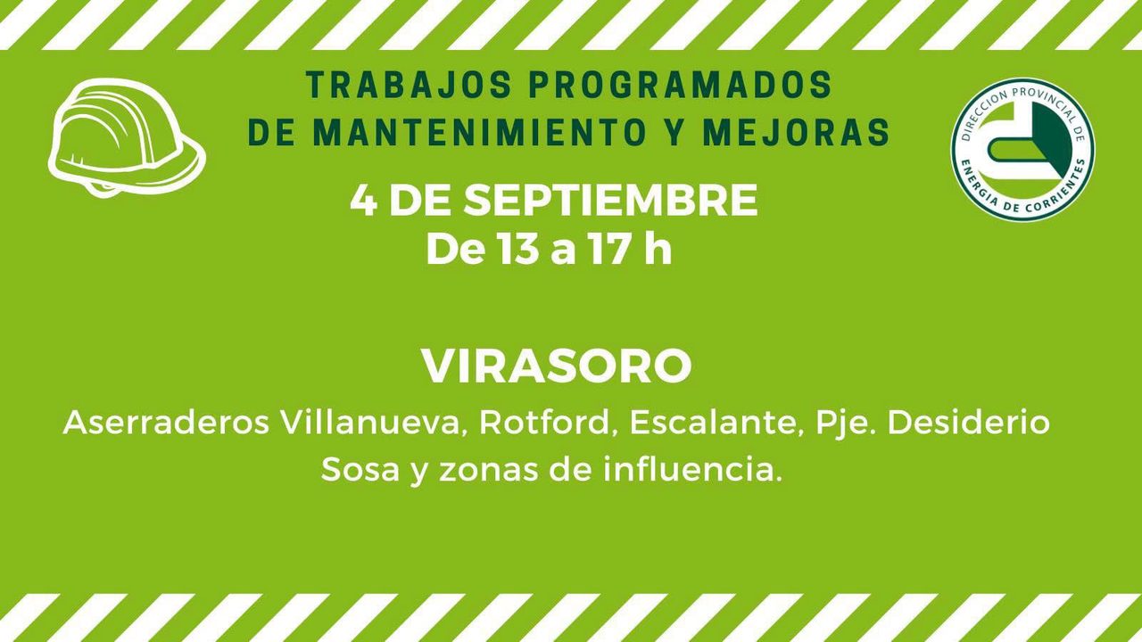 DPEC informa mejoras y mantenimiento en Virasoro este 4 de septiembre