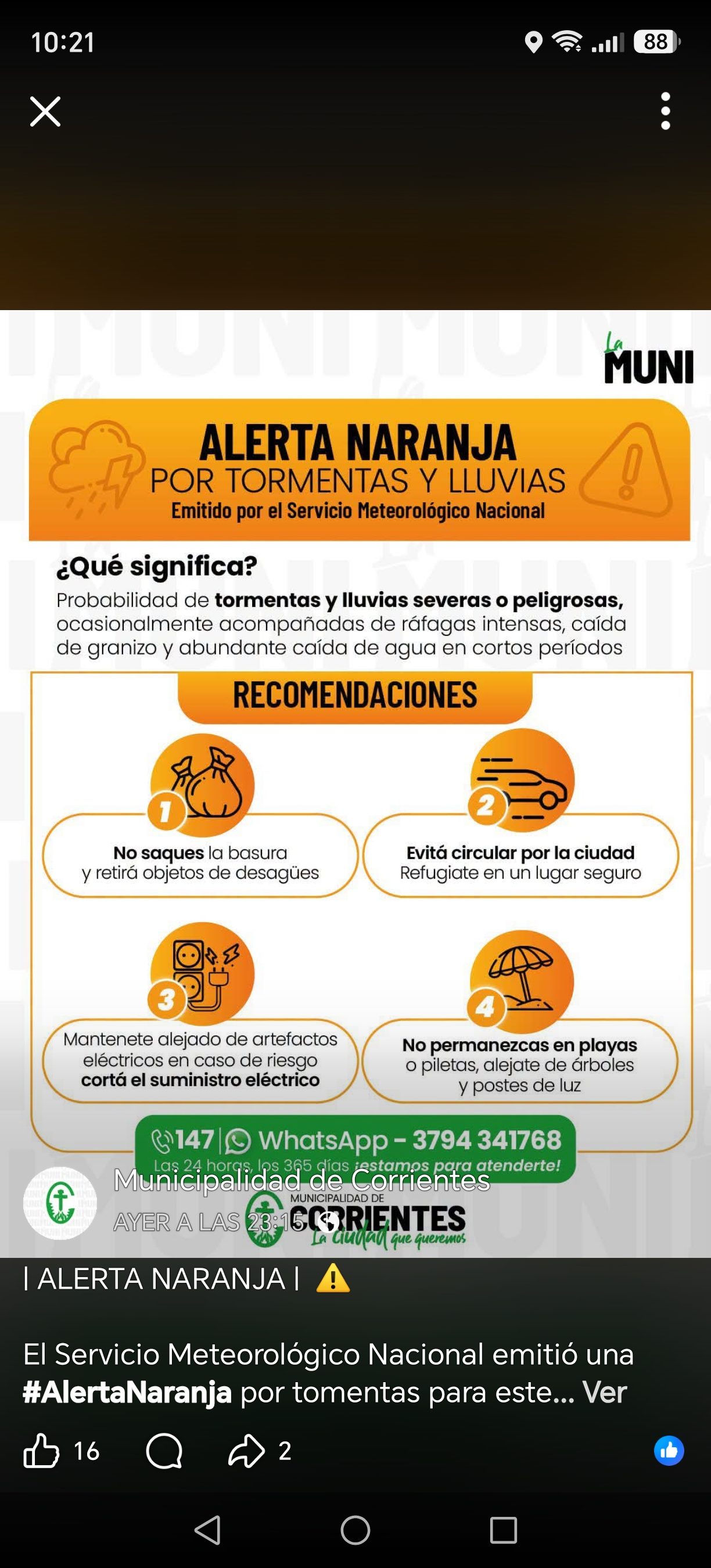 Alerta naranja por tormentas fuertes este sábado