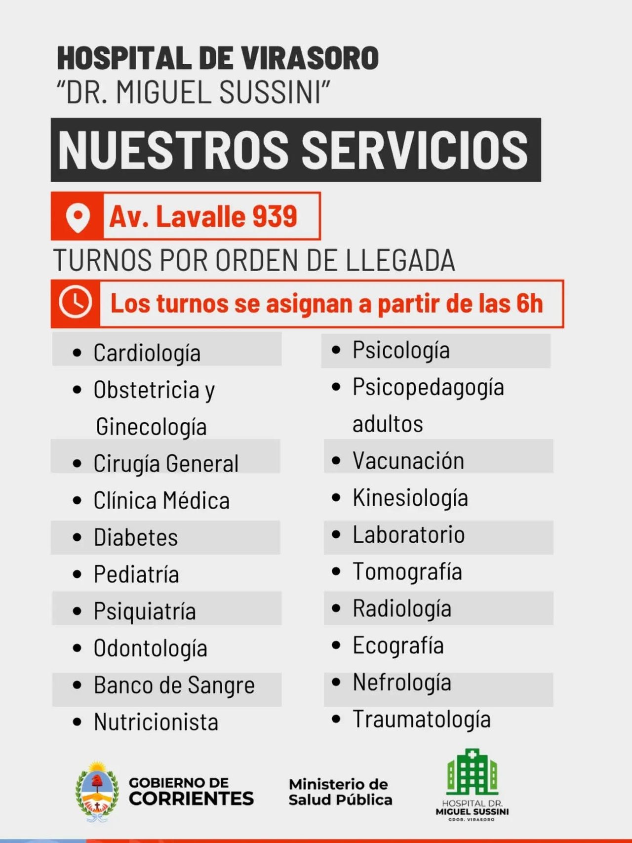 El Hospital de Virasoro informa turnos, especialidades y teléfonos