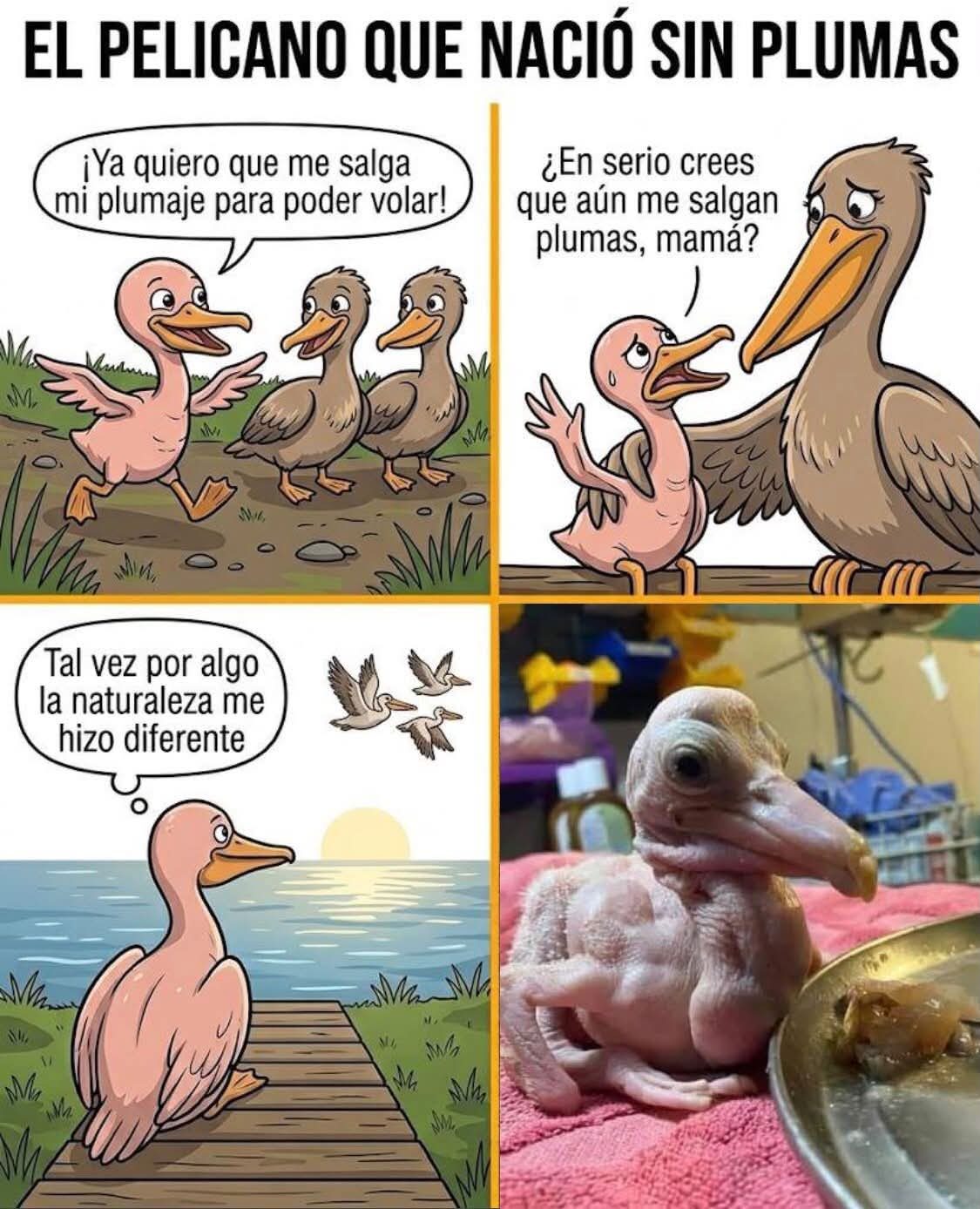 Nació sin plumas y sobrevivió años en una colonia de pelícanos