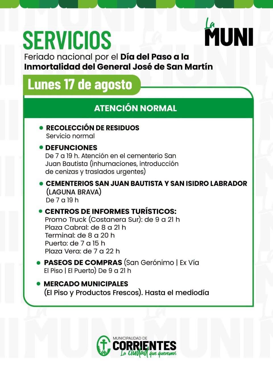 Cómo funcionan los servicios municipales este feriado