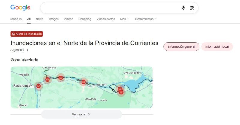 Google activó una alerta de inundación para el norte de Corrientes