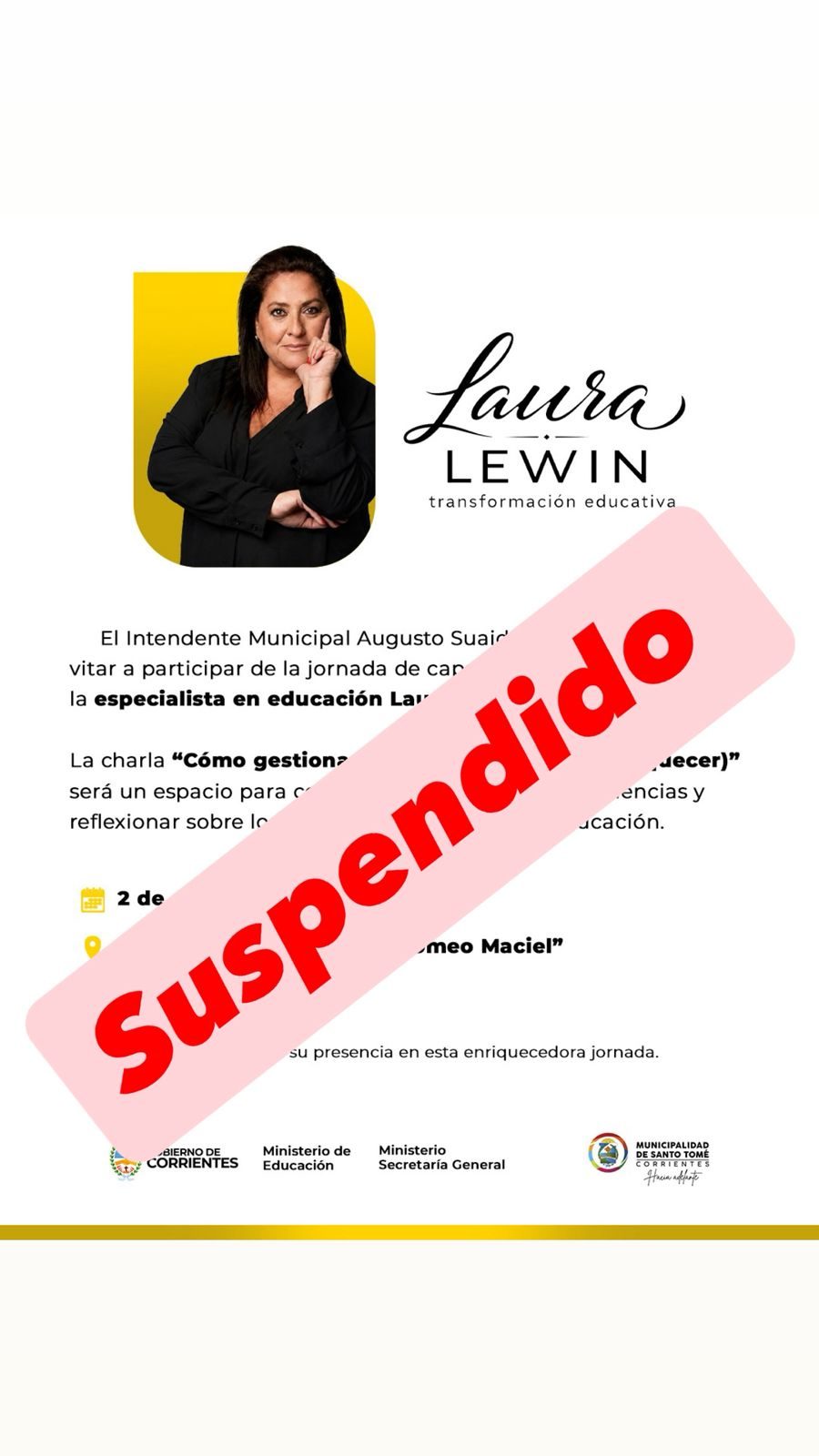 Suspenden la jornada de Laura Lewin en Santo Tomé
