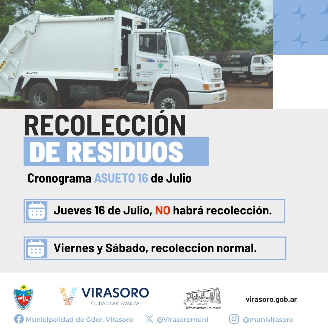 Asueto del 16 de julio: se suspende la recolección de residuos