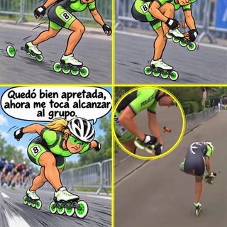 Patinadora ajustó una rueda suelta sin dejar de competir