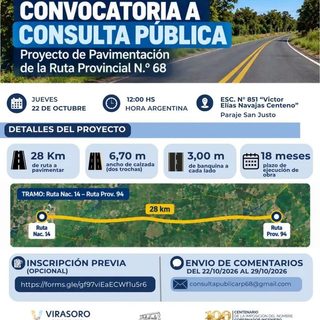 Convocan a vecinos de San Justo por la pavimentación de la Ruta 68