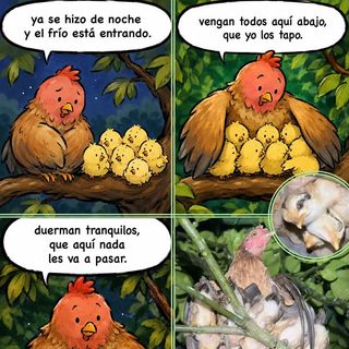 Una gallina cubrió a sus polluelos para protegerlos del frío