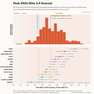 Peak 2026 Niño 3.4 forecast: model-weighted histogram of each ensemble member’s July-December 2026 maximum (top) and per-model medians with 10-90% member ranges (bottom).