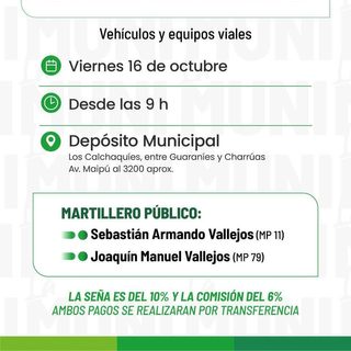 Segundo remate municipal: subastan motos, vehículos y tráileres