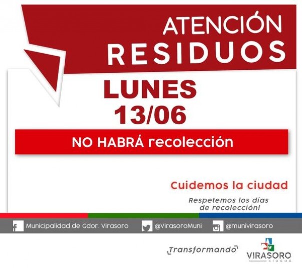 Informamos que el día lunes 13 de junio no habrá servicio de recolección de residuos