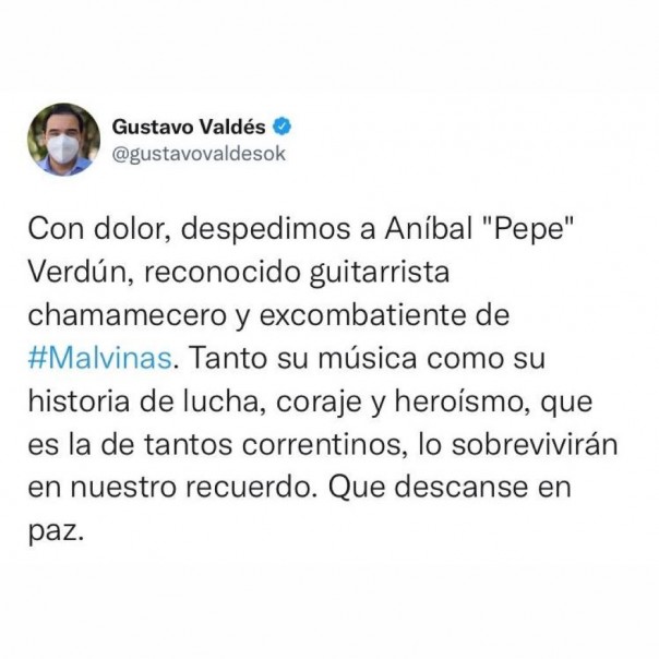 Valdés lamentó la partida del chamamecero Aníbal “Pepe” Verdún