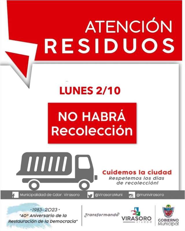 El lunes 2/10 no habrá servicio de recolección de residuos