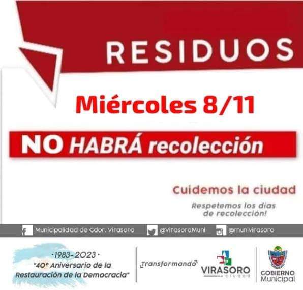 Atención :Debido al Día del Empleado Municipal el miércoles 8/11 no habrá servicio de recolección de #residuos.