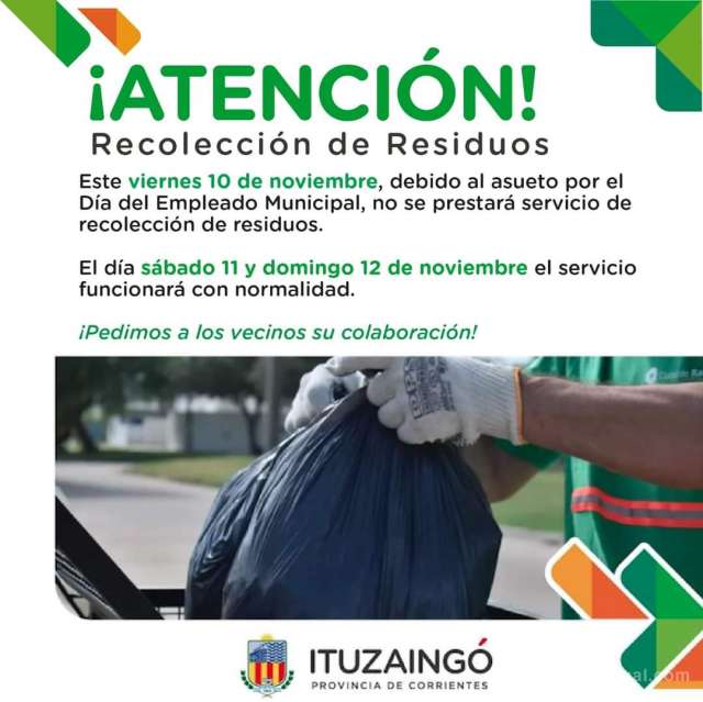 Hoy viernes 10 no habrá recolección de residuos