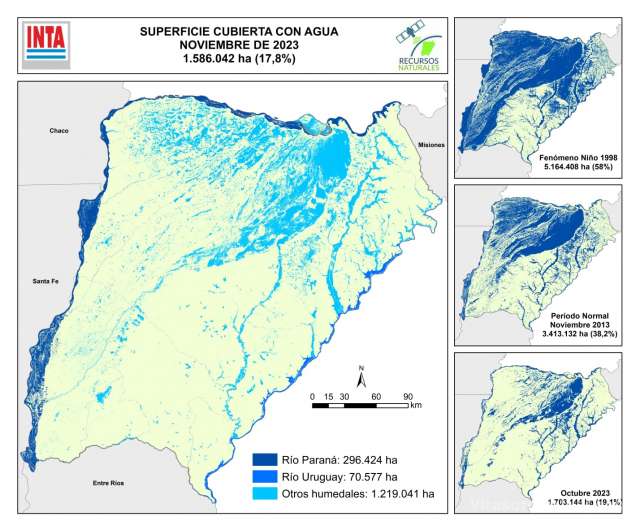 La evidencia satelital indica que en noviembre de 2023 la superficie cubierta con agua en la provincia de Corrientes fue de 1