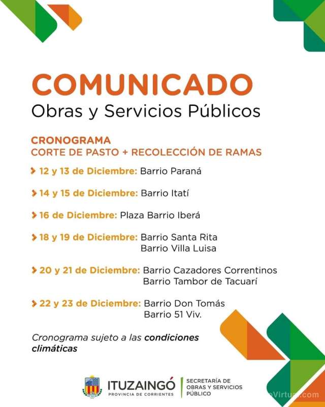 La Municipalidad de Ituzaingó, informa el Cronograma de Corte de Pasto y Recolección de ramas
