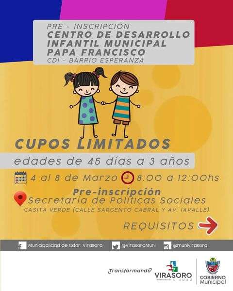 Requisitos para la pre-inscripción del Centro de Desarrollo Infantil Municipal Papa Francisco