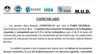 Los gremios de docentes también se sumaran al paro general
