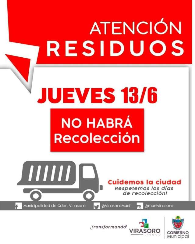 Informan que el día jueves 13 de junio no habrá servicios de RECOLECCIÓN DE RESIDUOS
