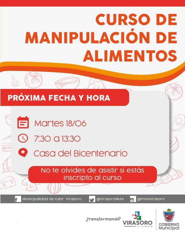 El día martes 18/6 se realizará el Curso de Manipulación de alimentos