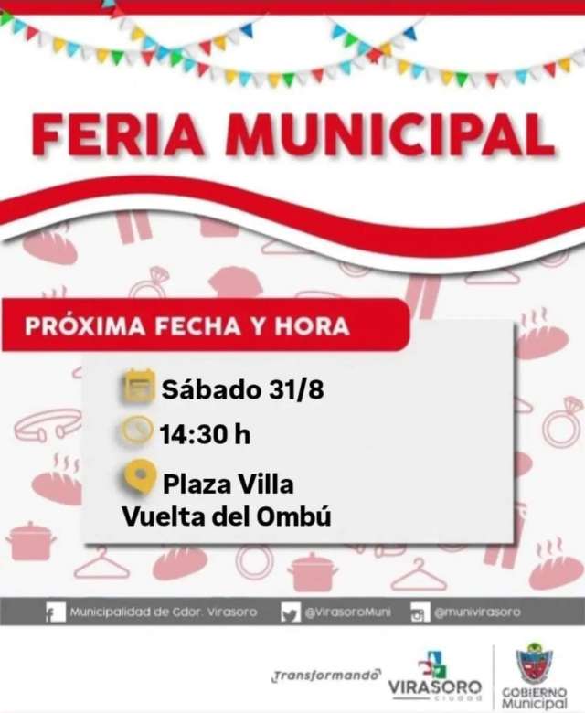 El sábado 31 de agosto la #FeriaMunicipal estará en la plaza Villa Vuelta del Ombú