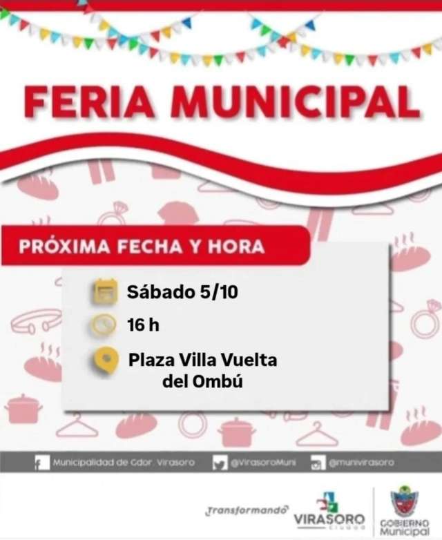El sábado 5/10 la #Feria Municipal estará en la Plaza Villa Vuelta del Ombú
