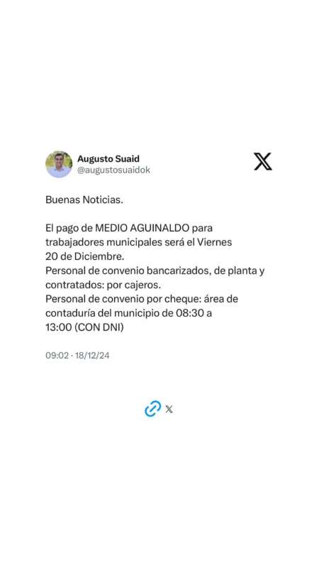 El pago del aguinaldo será el viernes 20