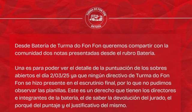 La Batería de Turma do Fon Fon pidió aclaraciones a los jurados del carnaval de Santo Tomé