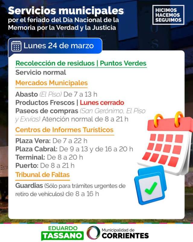 Así funcionarán los servicios municipales durante el feriado del 24 de marzo