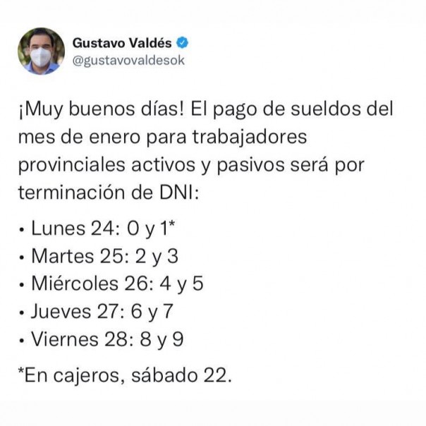 Valdés anunció el pago de haberes y Provincia acumula una inversión superior a los $7.800 millones en enero
