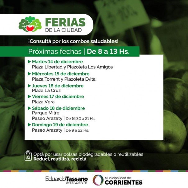 El municipio dio a conocer el cronograma de Las Ferias de la Ciudad de la próxima semana