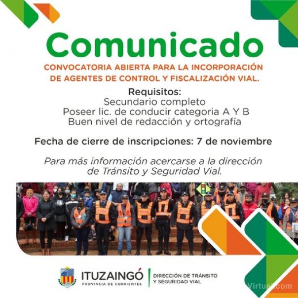 Convocatoria abierta para la incorporación de agentes de control y fiscalización vial