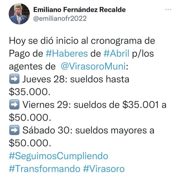 Cronograma de pago de haberes del mes de abril