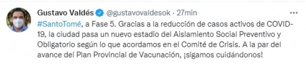 Valdés comunicó que Santo Tomé vuelve a Fase 5 luego de la reducción de casos