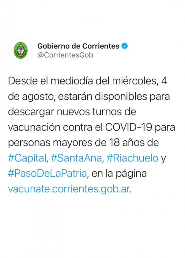 Se otorgan turnos de vacunación para personas de 18 años