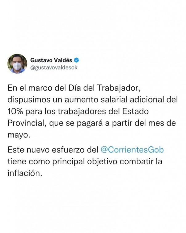 Por el Día del Trabajador, Valdés anunció un aumento salarial del 10% para la Administración pública
