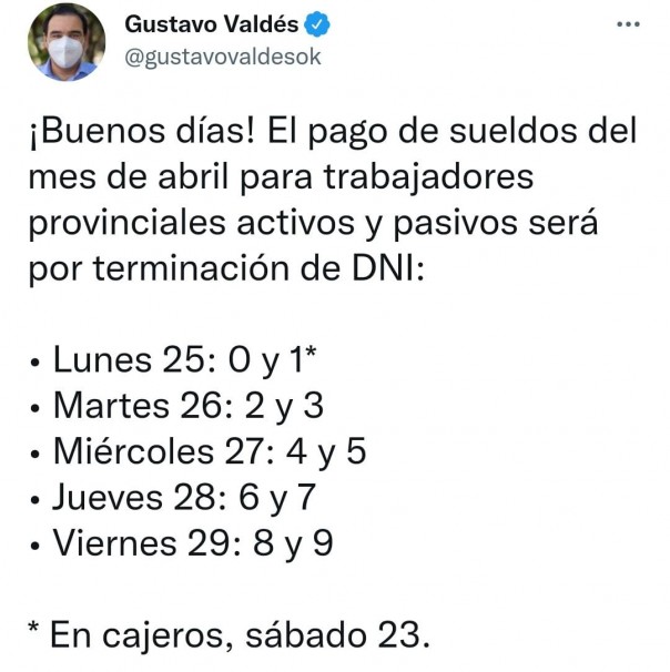 Sueldos: Valdés confirmó cronograma y la Provincia acumulará una inversión de $8 mil millones en abril