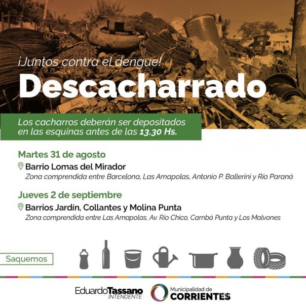 Los operativos de descacharrado llegarán a los barrios Lomas del Mirador, Jardín, Collantes y Molina Punta