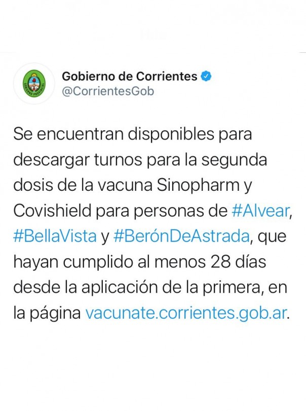 Habilitaron turnos de segunda dosis de la vacuna Sinopharm y Covishield para 63 localidades de Corrientes