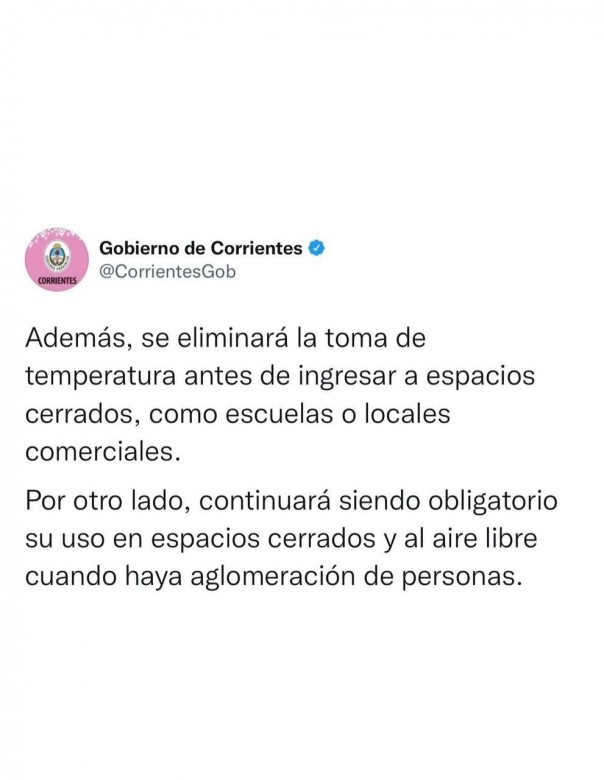 Desde este jueves ya no es obligatorio en Corrientes el uso de barbijos al aire libre