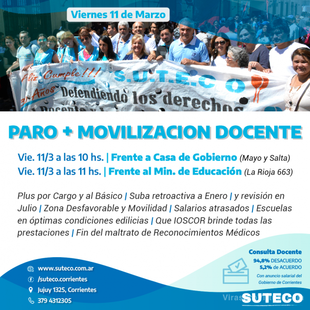 Hoy habrá paro y manifestación de maestras, profesores y preceptores en toda la provincia de Corrientes