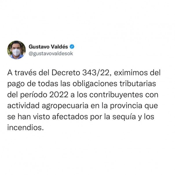El gobernador Valdés anunció una exención impositiva a pequeños y medianos productores agropecuarios