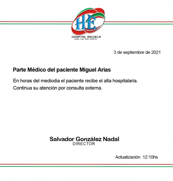 El Gobierno provincial informa que el diputado Arias recibió el alta hospitalaria