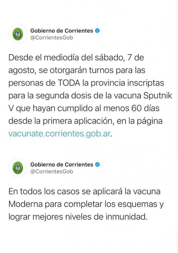 El sábado 7 de agosto otorgarán turnos de segundas dosis para toda la provincia