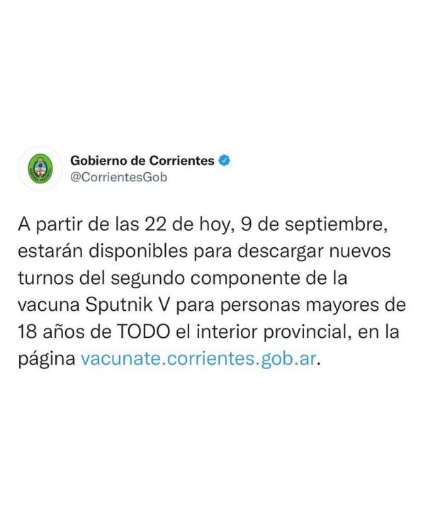 Nuevos turnos de vacunación del segundo componente de Sputnik para personas mayores de 18 años