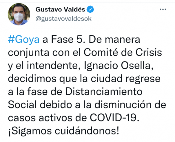 El Gobernador anunció que Goya vuelve a Fase 5